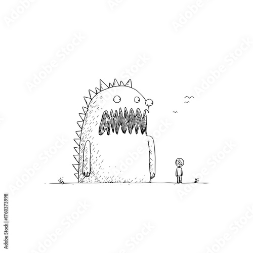Illustration of a large monster with sharp teeth facing a small person in a minimalist style drawing art