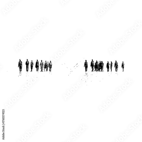 Silhouetted groups of people walking in opposite directions on a stark white background landscape scene