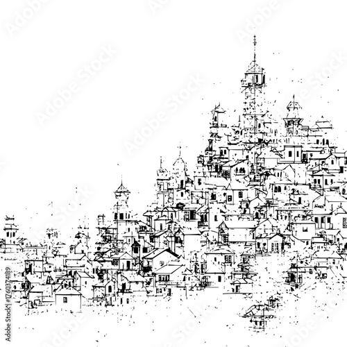 Black and white sketch of a densely packed european city with towers and various buildings on a hillside