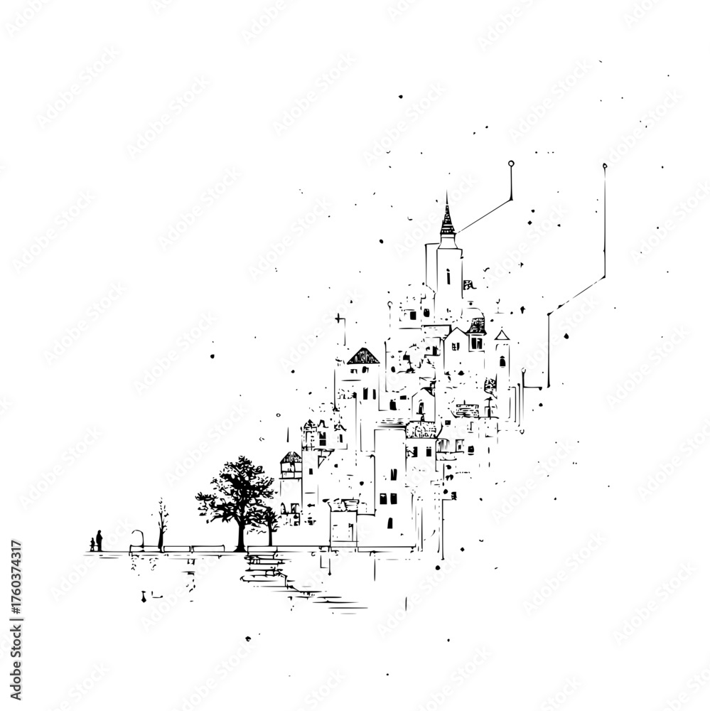 Fototapeta premium Illustration of a hilltop village with a couple standing nearby and abstract lines extending upward