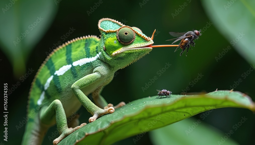 Fototapeta premium Green chameleon with bright stripes extends long sticky tongue to catch flying insect. Reptile sits on leaf waiting for prey. Another fly lands nearby on plant.
