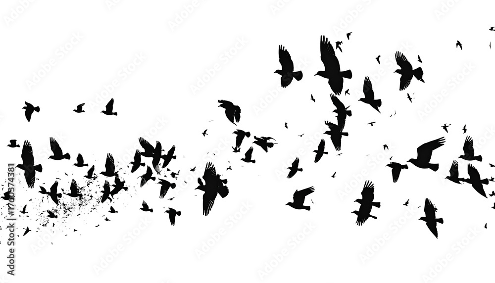 Obraz premium Dark night sky, numerous silhouettes of birds or bats in flight. Some pixels speckled