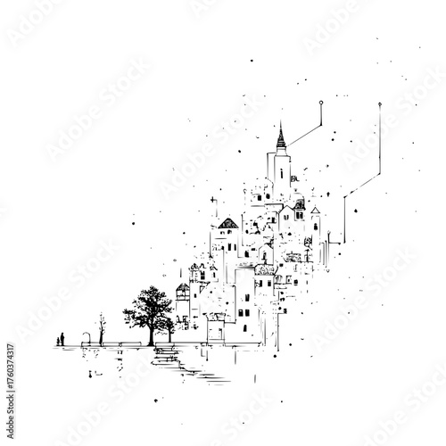 Illustration of a hilltop village with a couple standing nearby and abstract lines extending upward