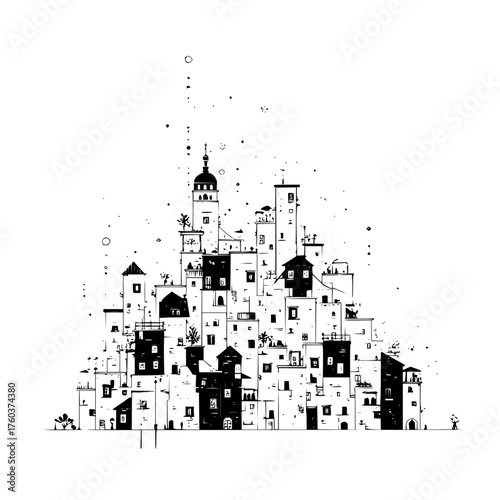 Illustration of a densely packed european town with a tower and various buildings in black and white ink style