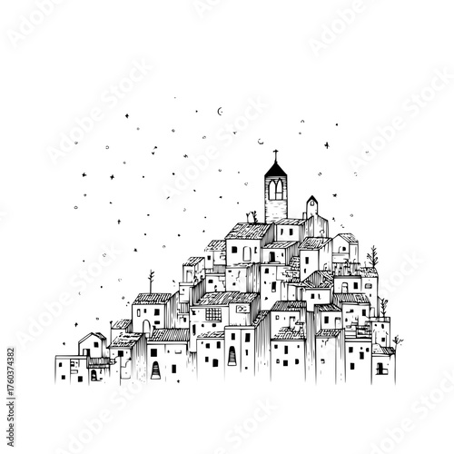 Hand drawn illustration of an old european town with a church and scattered stars in black and white style