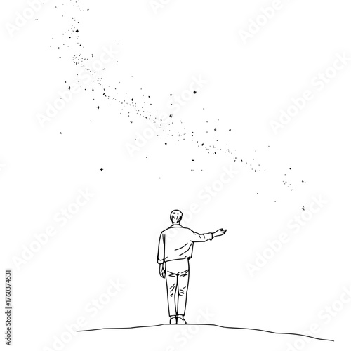 A man stands with his back to the viewer pointing at a milky way in a black and white line drawing style