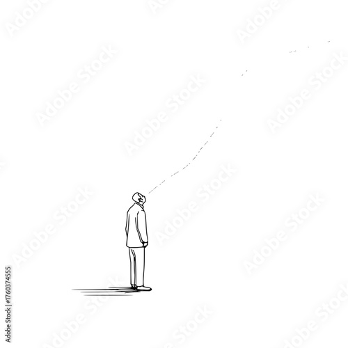 A minimalistic sketch of a man in a suit looking upwards with a dotted line extending from his head upwards