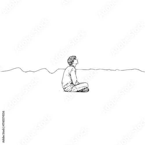 A sketch of a person with curly hair sitting in a meditative pose looking up at the sky with hills behind them