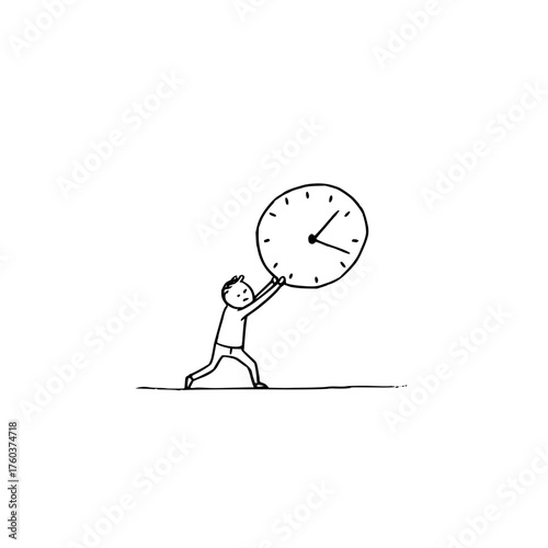 Stick figure holding up a large clock with both hands in a simple black and white line drawing style