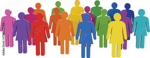 Diverse colorful crowd of male and female silhouettes standing together representing unity, teamwork, community, and social diversity