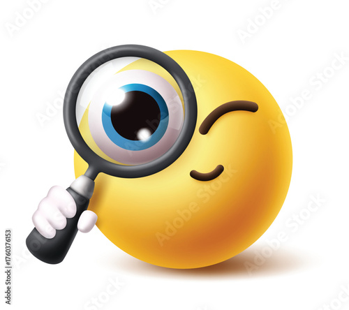 Emoji searching school character clipart. Yellow emoticon holding magnifying glass symbol clip art with cute and curious facial expressions round and sphere design vector illustration.
