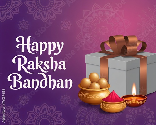 A vibrant Raksha Bandhan greeting card with gift box, sweets, diya, and traditional elements celebrating the love and bond between siblings.