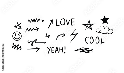 Hand drawn doodles and symbols including love cool stars arrows and smiley face
