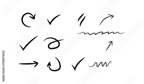 Hand drawn doodle arrows checkmarks and wavy lines on white background