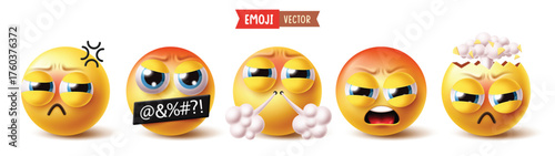 Emoji stress emoticon character clipart set. Yellow emoticon emojis character clip art like depression, worried, mind blown, exploding head, tired and anxiety smiley face icon collection vector 