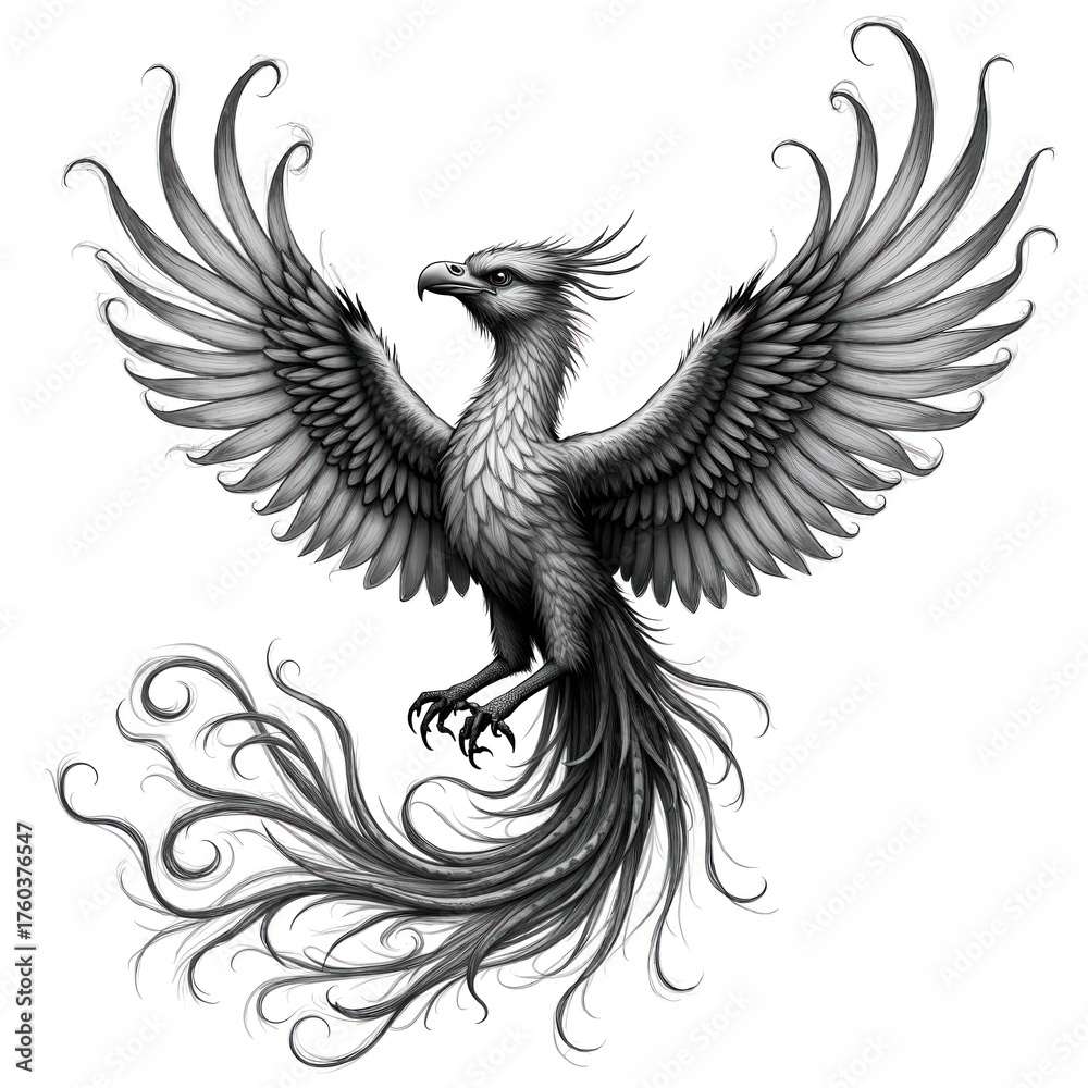 Obraz premium Detailed engraving illustration of a mythical phoenix bird with ornate wings and tail feathers in monochrome style. Majestic creature in flight on isolated white background.