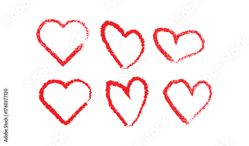Six hand drawn red hearts on a white background