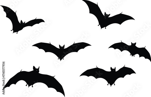 Set of realistic flying bats silhouettes isolated on transparent background black flying creatures for Halloween design