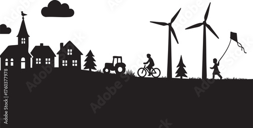Rural Landscape Vector Set Showing Countryside Scene with Cyclist and Kid Flying Kite