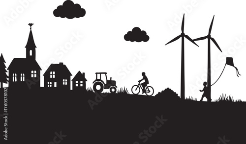 Rural Landscape Vector Set with Village, Church, Tractor, and Wind Turbines Silhouette