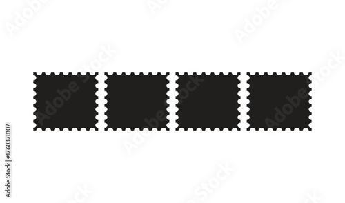 Four blank black postage stamps in a row on white background