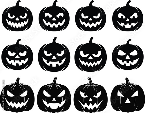 Set of twelve scary Halloween pumpkins black silhouettes with different facial expressions of fear and evil on transparent background