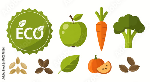 Eco-friendly food icon set with a green label apple carrot broccoli pumpkin and various seeds.