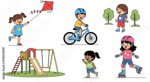 Happy Cartoon Children Playing Outdoor Activities with Playground.