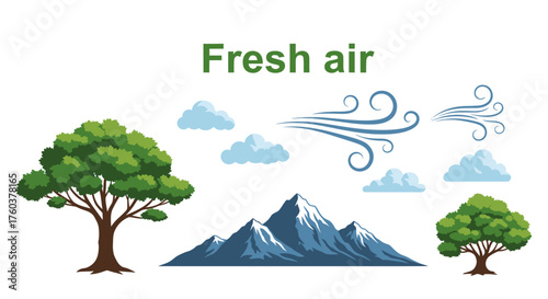 Fresh Air Landscape with Trees Mountains Clouds and Wind Illustration.