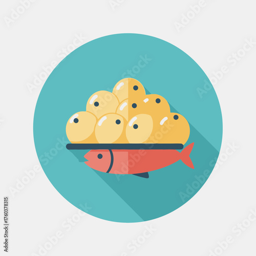 Flat icon of fish with eggs on a blue circular background.