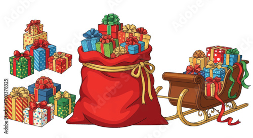 Christmas Gifts: A Red Sack Sleigh and Piles of Colorful Wrapped Presents.