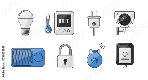 Colorful line art icon set of smart home technology and Internet of Things devices.