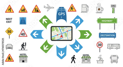 Navigation Icons Collection: Road Signs GPS and Directional Arrows for Travel and Guidance.