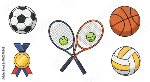 Collection of diverse sports equipment and a gold medal.