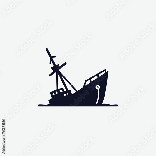 Silhouette of a sinking ship with a broken mast against a white background.