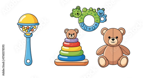 Colorful Cartoon Baby Toys Set with Rattle Teether Stacking Rings and Teddy Bear.