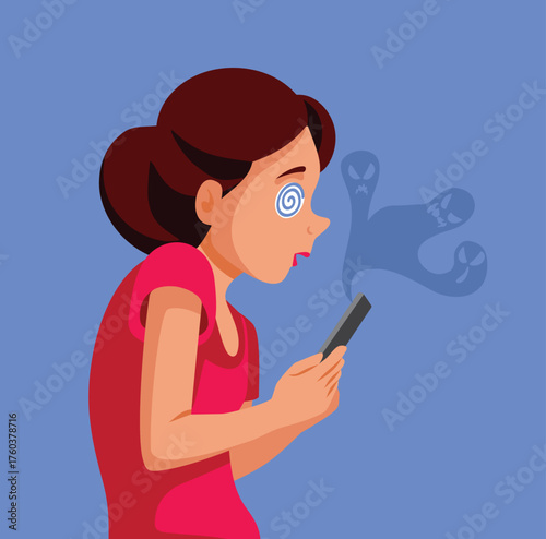 Woman Mesmerized by her Evil Mobile Phone Vector Illustration. Person suffers from ai psychosis after intense chatting with a bot 
