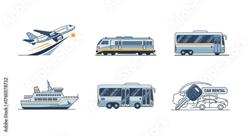 Diverse Transportation Vehicles Collection: Airplane Train Buses Ferry and Car Rental Icons.