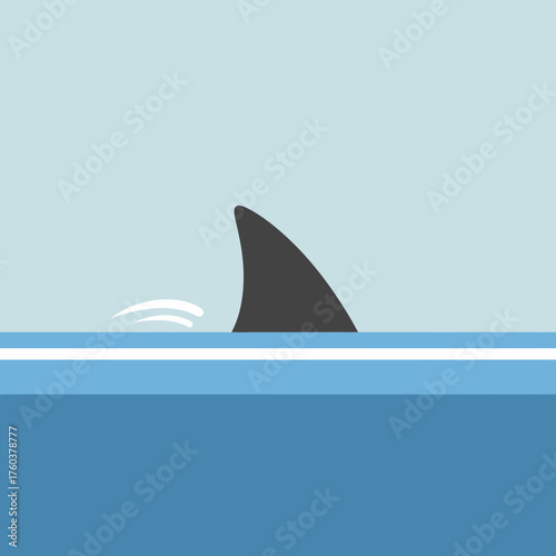 Shark fin emerges from blue ocean water simple flat vector illustration.