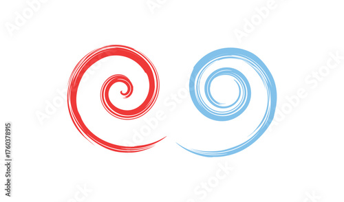 Two abstract swirls one red one blue on white background