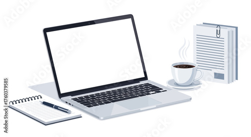 Modern Laptop Computer with Coffee and Notepad on Desk.
