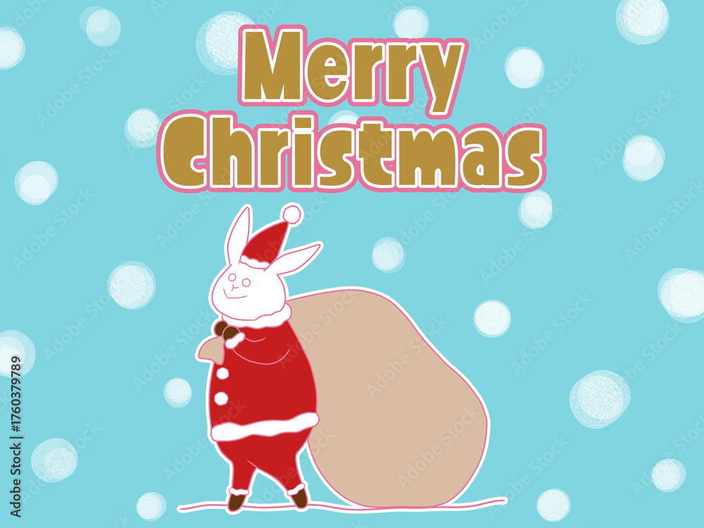 Fototapeta premium サンタの格好をしたウサギのクリスマスイラスト 雪あり青背景