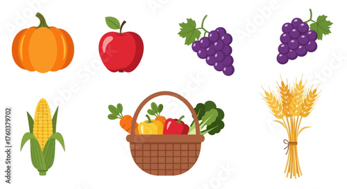 Fresh Autumn Harvest Collection of Fruits Vegetables and Grains.