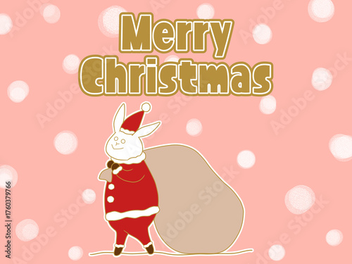 サンタの格好をしたウサギのクリスマスイラスト　雪ありピンク背景