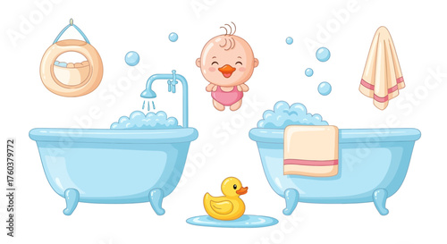 Baby Bath Time Set with Tub Duck Towel and Baby Character.
