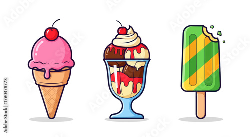 Colorful Ice Cream Desserts Collection: Cone Sundae and Popsicle Illustration.