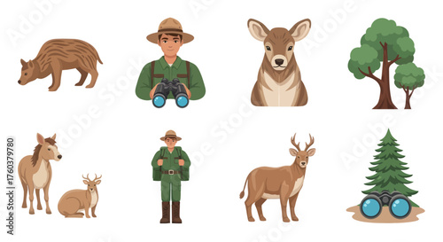 Cute Cartoon Wild Animals Deer Boar and Park Ranger Illustrations Set.