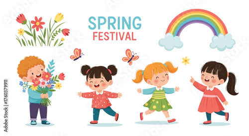 Joyful Cartoon Children and Spring Elements Collection for Festival.