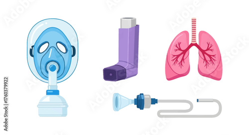 Medical Equipment for Respiratory Support: Oxygen Mask Inhaler Nebulizer and Lungs.
