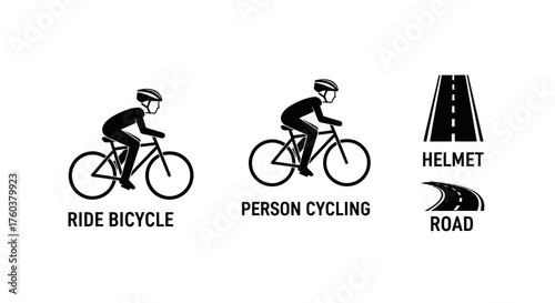 Cyclist Icon Set: Riding Bicycle Person Cycling Helmet and Road.